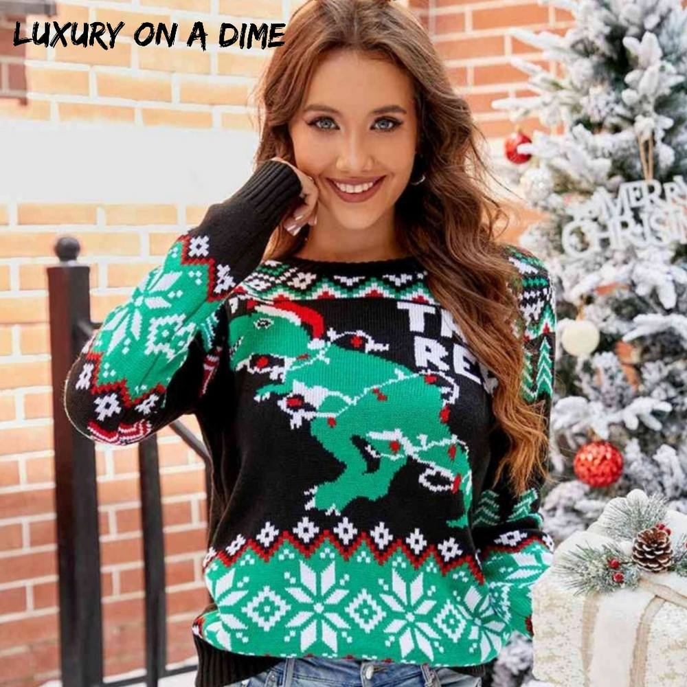 TREE REX Knit Holiday Long Sleeve Dinosaur Christmas Funny Dino Sweater T-rex